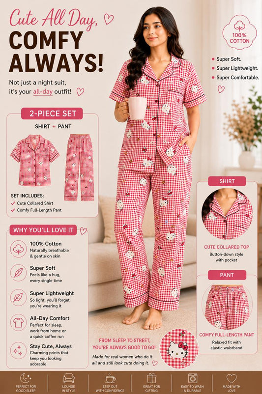 Hello kitty Printed Premium 2-Piece Cotton Lounge Set