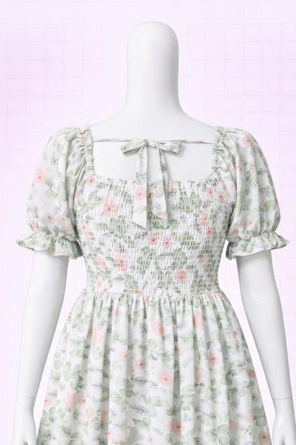 Women's white floral printed sundress with puff sleeves