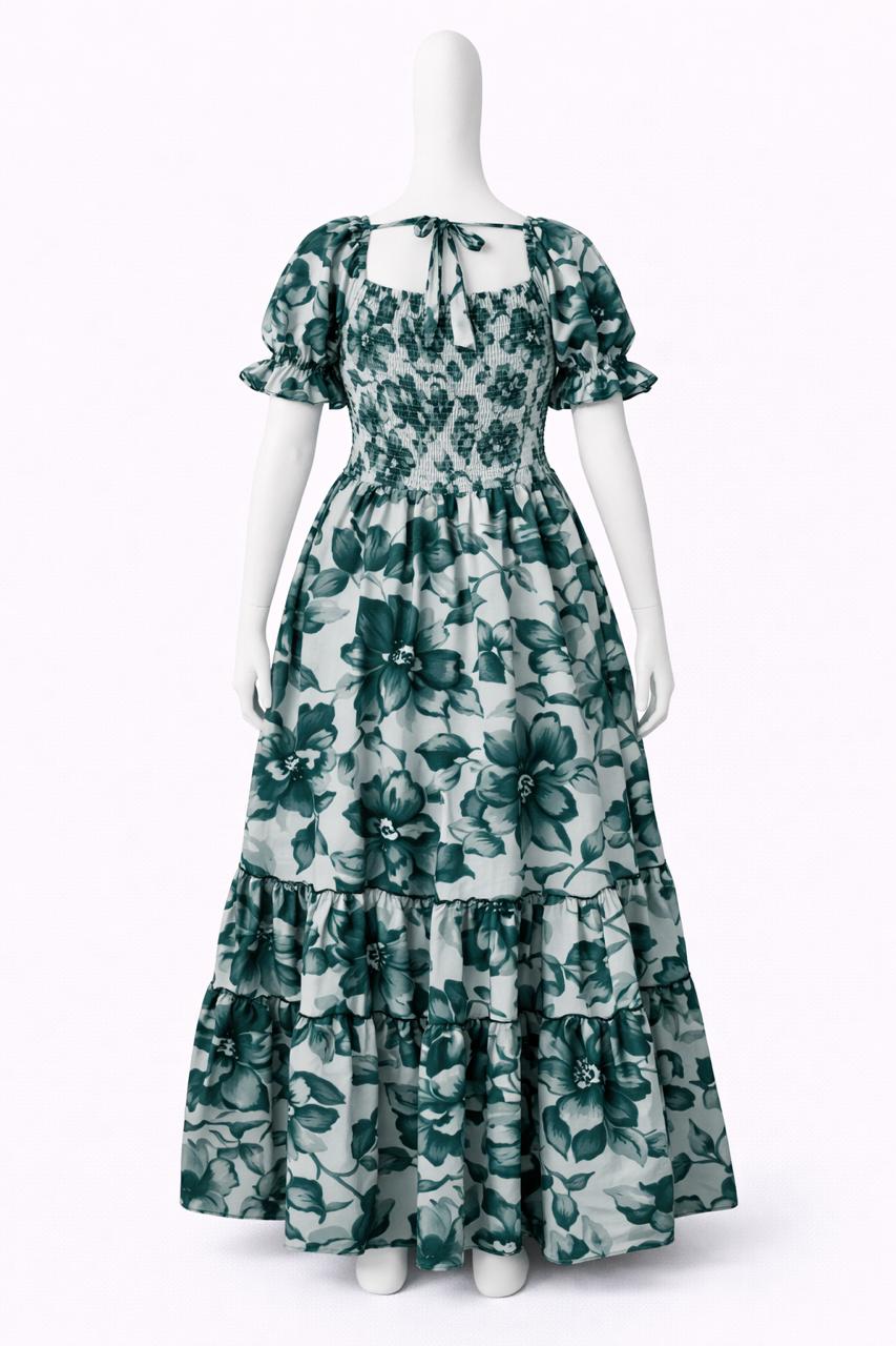 Women's white & green printed sundress with puff sleeves