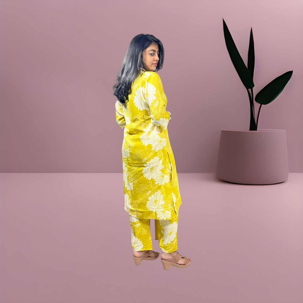 yellow floral printed co-ords for women