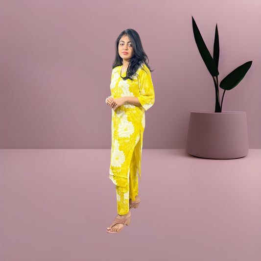 yellow floral printed co-ords for women